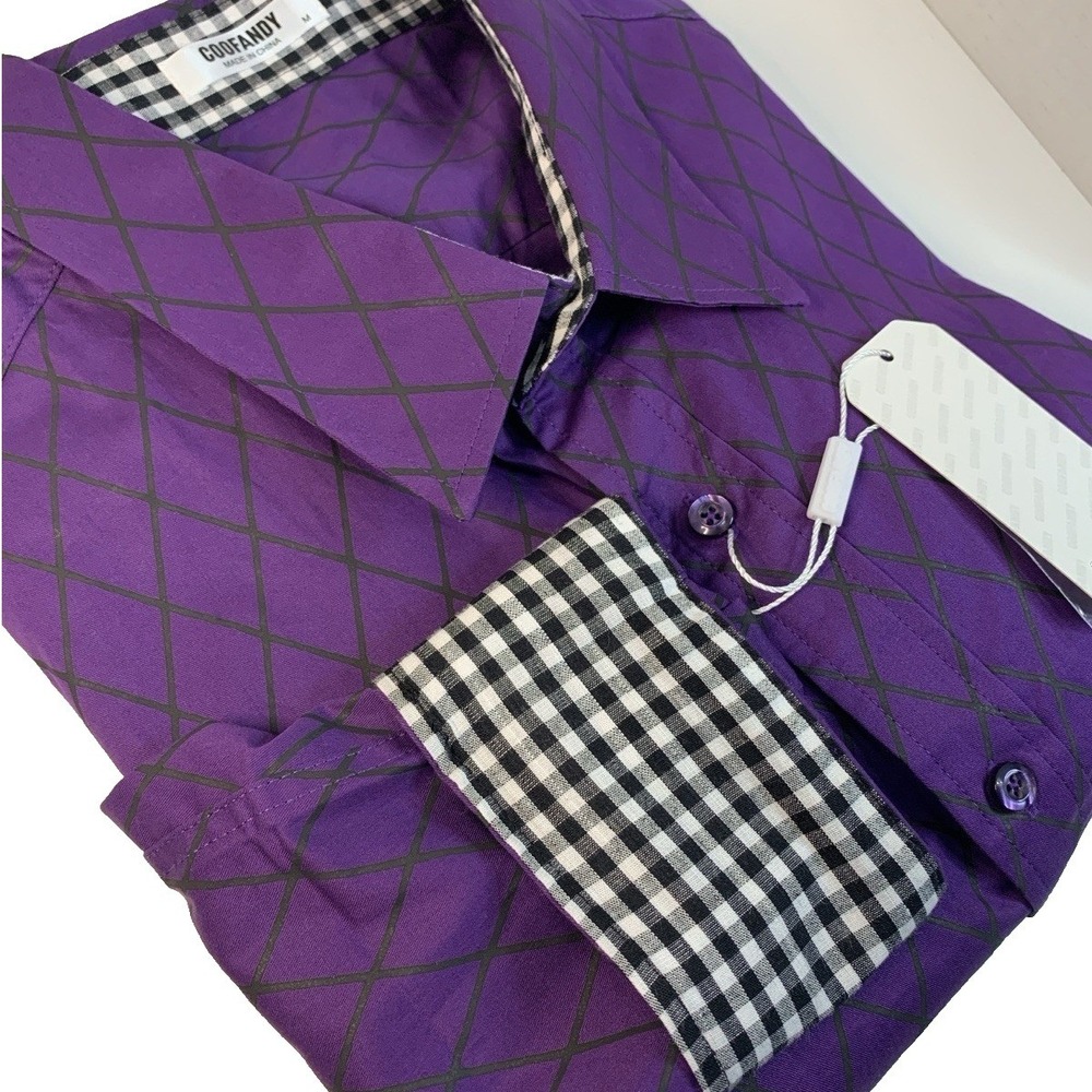 Coofandy Diamond Long‎ Sleeve Button Up  Men M Flip Cuff Gingham Contrast NWT